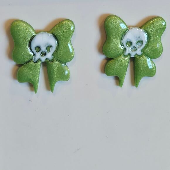 Skull Bows Bright Green Stud Earrings Halloween Handmade Kawaii Goth - Picture 1 of 4